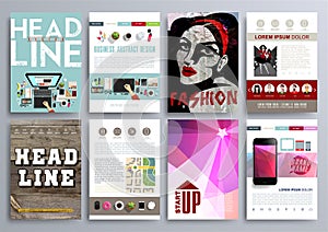 Set of Design Templates for Brochures, Flyers, Mobile Technologies, Applications, and Online Services, Typographic