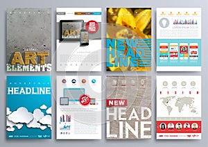 Set of Design Templates for Brochures, Flyers, Mobile Technologies, Applications, and Online Services, Typographic