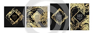 Set of design templates with golden texture, marble effect. Golden and black background with luxury look