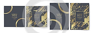 Set of design templates with golden texture, marble effect. Golden and grey background with luxury look