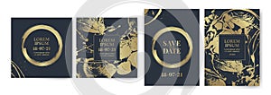 Set of design templates with golden texture, marble effect. Luxury and elegance. Gold and blue color