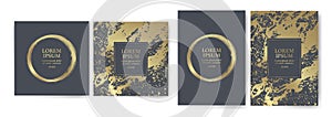 Set of design templates with golden texture, marble effect. Luxury and elegance Suitable for wedding invitations, VIP events,