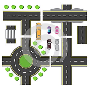 Set design for a transport node. The intersections of various roads. Roundabout Circulation. Transport. illustration