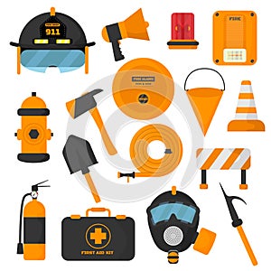 Set of designed firefighter elements. Coloured fire department emergency icons and water safety danger equipment. Fireman protect