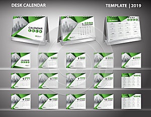 Set Desk Calendar 2019 template design vector and desk calendar 3d mockup, cover design, Set of 12 Months, Week starts Sunday