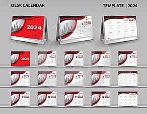 Set Desk Calendar 2024 template vector and desk calendar 3d mockup, Calendar 2025-2026 template design, Planner, Red cover design