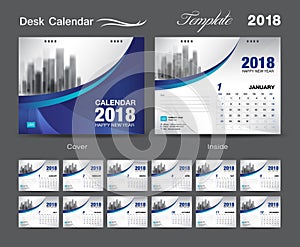 Set Desk Calendar 2018 template design, blue cover