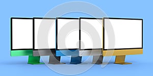 Set of desktop computers with blank screen display isolated on blue background.