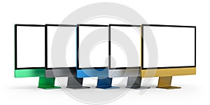 Set of desktop computers with blank screen display isolated on white background.