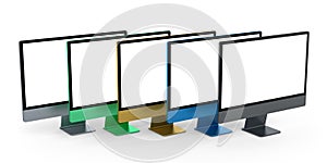 Set of desktop computers with blank screen display isolated on white background.