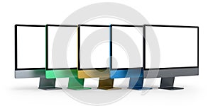 Set of desktop computers with blank screen display isolated on white background.