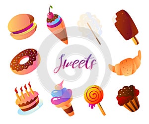 Set of Dessert Related Vector Colorful Illustrations. Contains such Icons as Macaron, Donut, Icecream, Ð¡roissant, Ð¡otton candy,