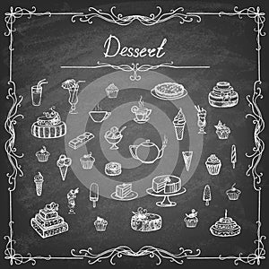 Set of desserts on a chalk board.