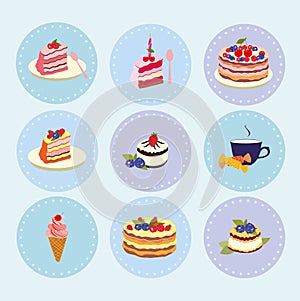 Set of desserts sweets, pastry, chocolate, cake, cupcake, ice cream, vector illustration