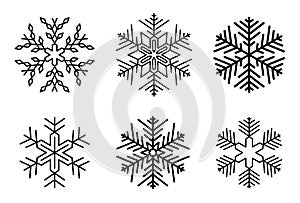Set of detailed black snowflake icons isolated on white background