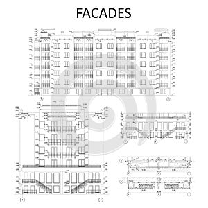 Set of detailed facade elements with measurements, architecture photo