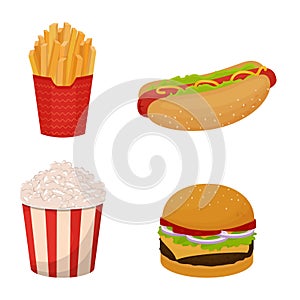 Set of detailed fast food. Collection of French fries, popcorn, hotdog, burger isolated on white background