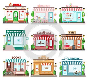 Set of detailed flat design city facade buildings. Restaurants and shops facade icons