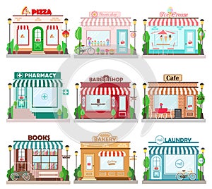 Set of detailed flat design city facade buildings. Restaurants and shops facade icons photo