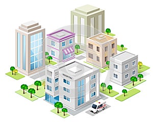 Set of detailed isometric city buildings. 3d vector isometric city