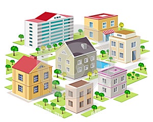 Set of detailed isometric city buildings. 3d vector isometric city