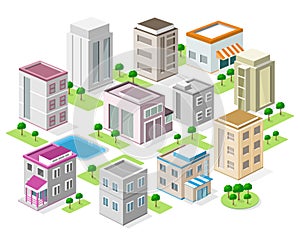 Set of detailed isometric city buildings. 3d vector isometric city