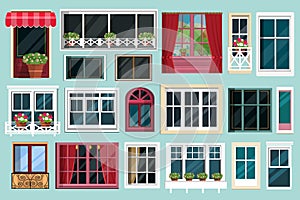 Set of detailed various colorful windows with windowsills, curtains, flowers, balconies. Flat style.