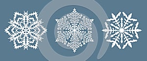Set of detailed white snowflake icon collection isolated on blue background