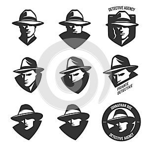 Set of detective agency emblems with abstract men heads in hats. Vintage vector illustration.