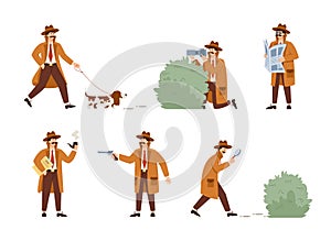 Set of detective investigation concepts in flat cartoon vector illustration isolated