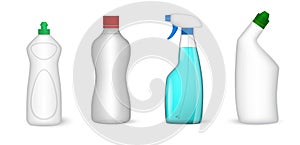 Set of detergent plastic bottles with chemical cleaning product. A various shapes blank white plastic bottles of soap products