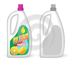 Set of detergent plastic bottles with chemical cleaning product. A various shapes blank white plastic bottles of soap products