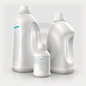 Set of detergent plastic bottles with chemical cleaning product on white background