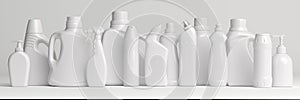 Set of detergent plastic bottles with chemical cleaning product  on white background