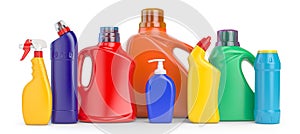 Set of detergent plastic bottles with chemical cleaning product on white background