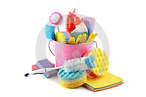 Set detergents in bucket gloves, brushes, sponge, napkins isol