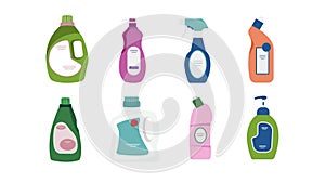 Set of detergents on white background. Vector illustration bottles of household chemicals for cleaning in cartoon style