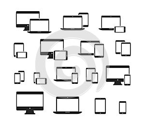 Set of device icons. Monitor, laptop, tablet and phone black icons