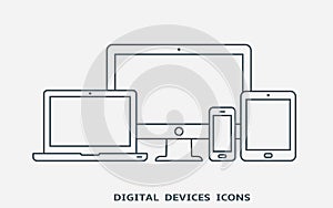 Set of devices icons. Monitor, laptop, tablet pc and smart phone