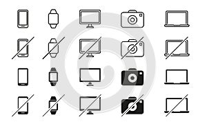 Set of Devices Line Icons. Smartphone, Tablet PC, Laptop, Camera, Smart Watch. Ban of Devices. Device Free Zone, Digital