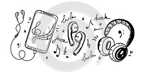 A set of devices for listening to music, hand-drawn in doodle-sketch style. Smartphone with headphones, large DJ