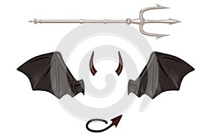 Set of devil realistic wings, horns and halo isolated on white background. 3D illustration