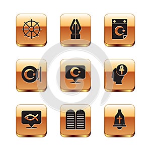 Set Dharma wheel, Christian fish, The commandments, Star crescent, Church bell and Hands in praying position icon