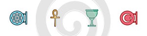 Set Dharma wheel, Cross ankh, Holy grail or chalice and Star and crescent icon. Vector