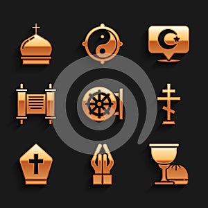 Set Dharma wheel, Hands in praying position, Holy grail or chalice, Christian cross, Pope hat, Decree, paper, parchment