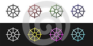 Set Dharma wheel icon isolated on black and white background. Buddhism religion sign. Dharmachakra symbol. Vector