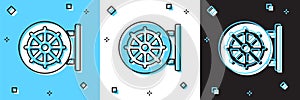 Set Dharma wheel icon isolated on blue and white, black background. Buddhism religion sign. Dharmachakra symbol. Vector