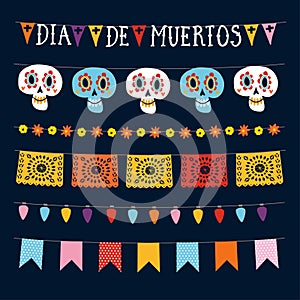 Set of Dia de los Muertos, Mexican Day of the Dead garlands with lights, bunting flags, papel picado and ornamental