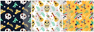 Set of Dia de Muertos Seamless Pattern Illustration with Day of the Dead and Skeleton Element in Mexican Design