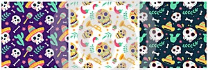 Set of Dia de Muertos Seamless Pattern Illustration with Day of the Dead and Skeleton Element in Mexican Design